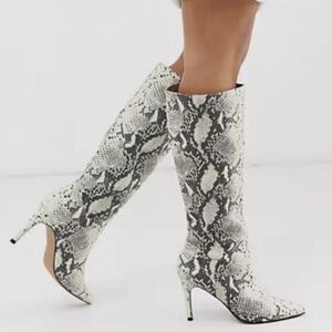 Steve Madden Snake Print Knee-High Heeled Boots - Black & White